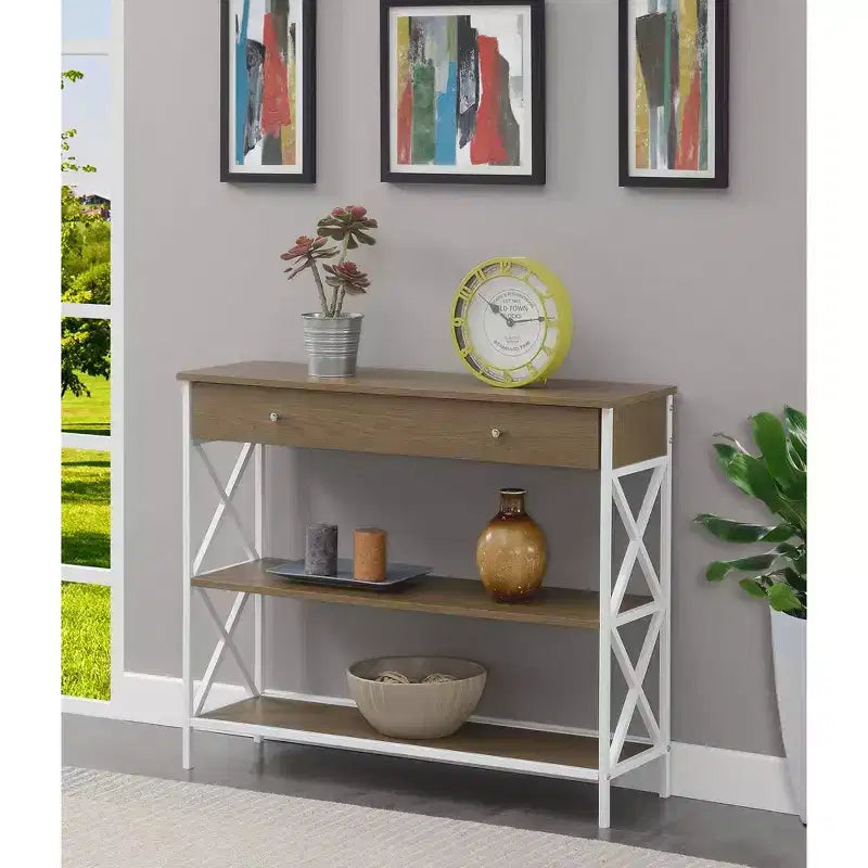 Table console 1 tiroir avec étagères Bois flotté/Blanc : Cadre en métal, plateau en MDF, rangement d'entrée