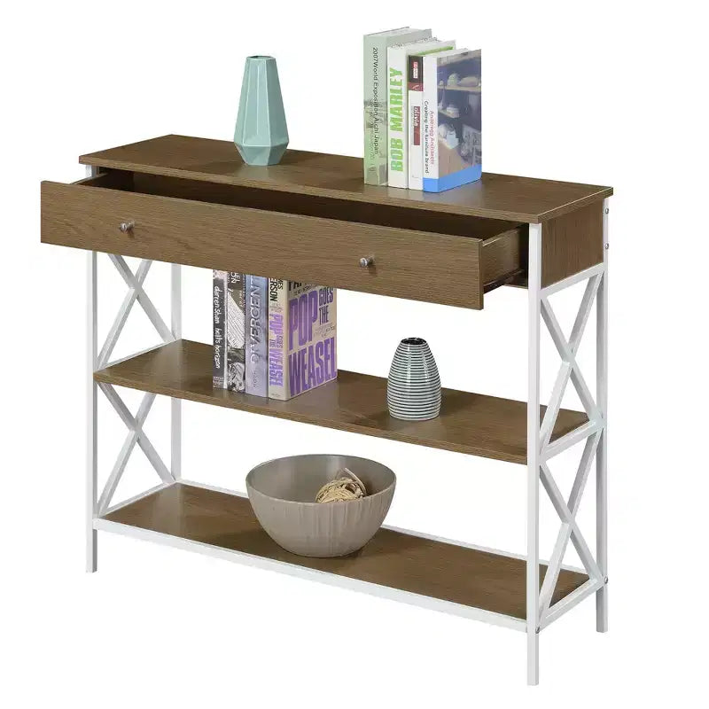 Table console 1 tiroir avec étagères Bois flotté/Blanc : Cadre en métal, plateau en MDF, rangement d'entrée