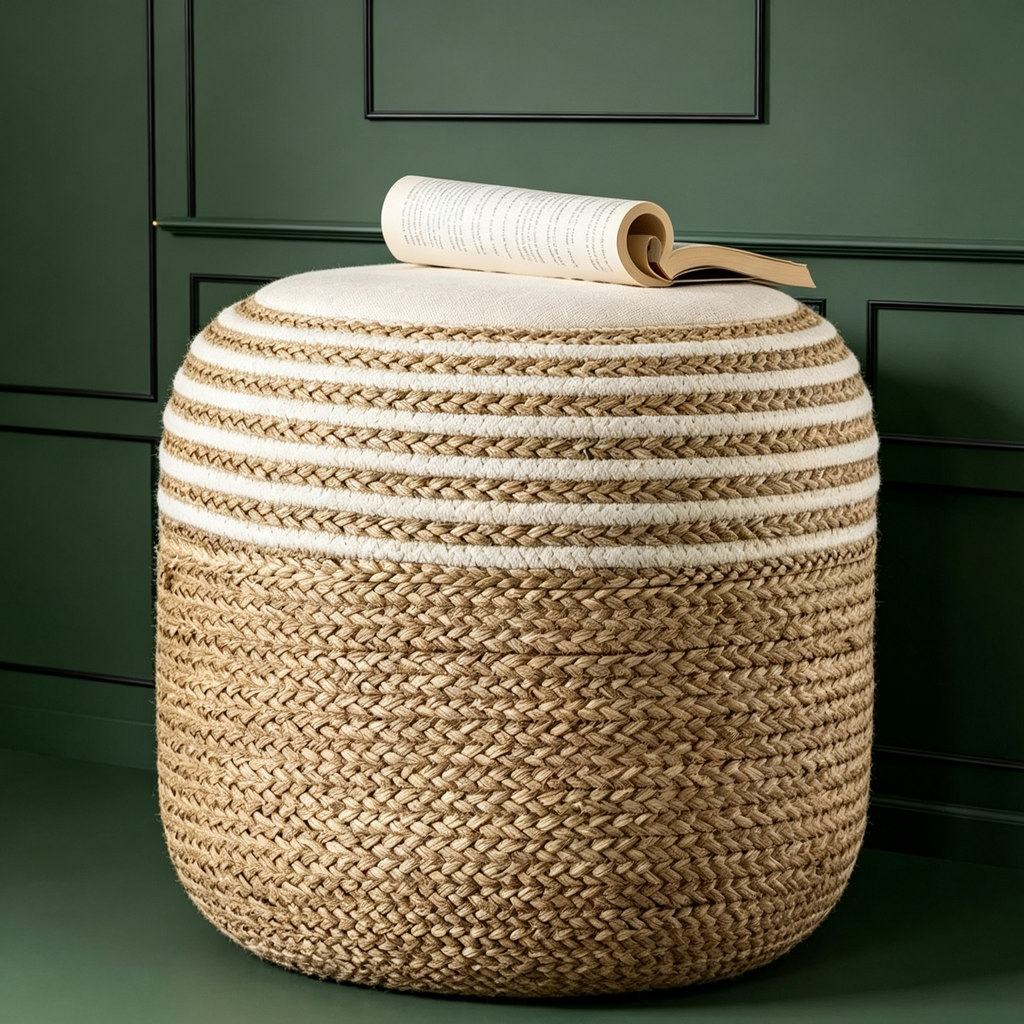 Pouffe-ottoman en jonc de mer et corde tressée, blanc/marron naturel