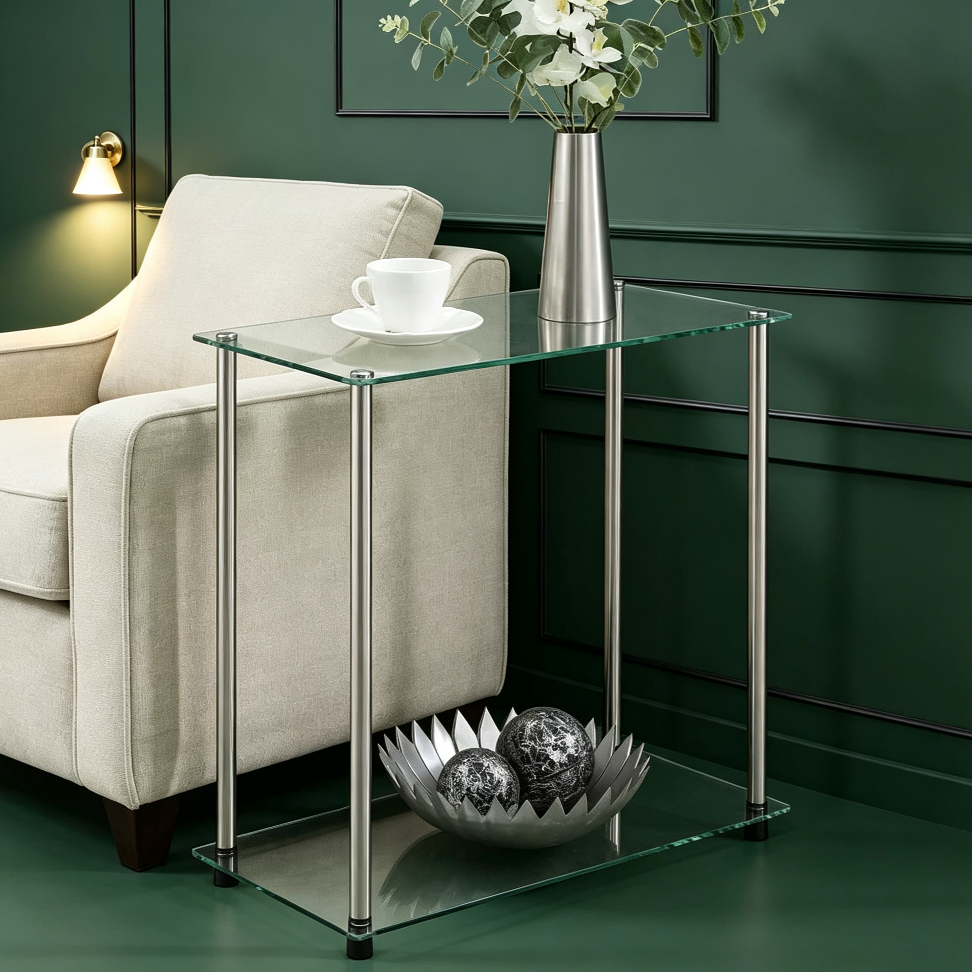 Table d'appoint en verre trempé argentée à 2 niveaux de 61 cm avec pieds en acier inoxydable