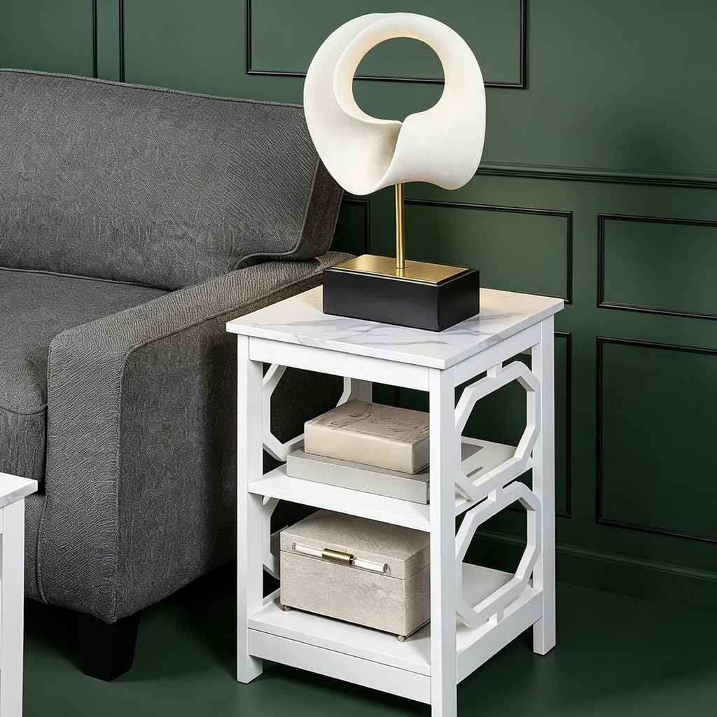 Table d'appoint rectangulaire blanche en bois de 23,75 po avec 3 étagères