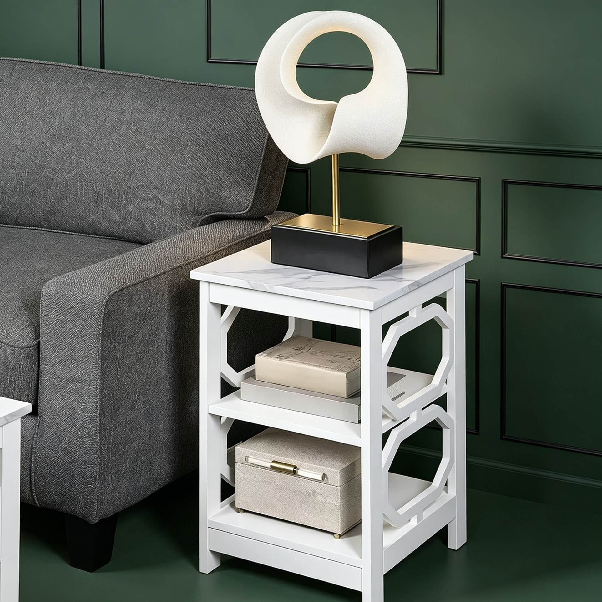 Table d'appoint rectangulaire blanche en bois de 23,75 po avec 3 étagères