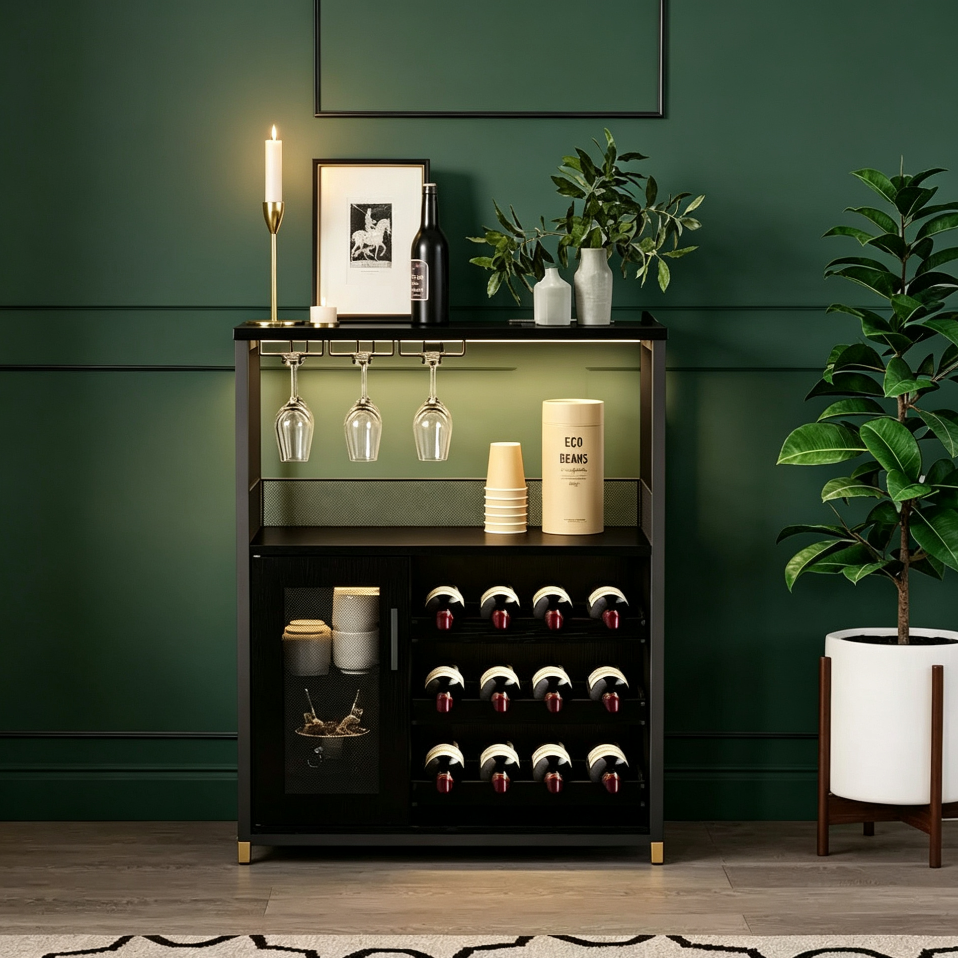 Meuble Bar à Vin Élégant à 3 Niveaux avec Casier à Bouteilles et Rangement, Buffet avec Porte-Verres et Porte en Maille, Idéal pour la Cuisine, le Salon et le Bar