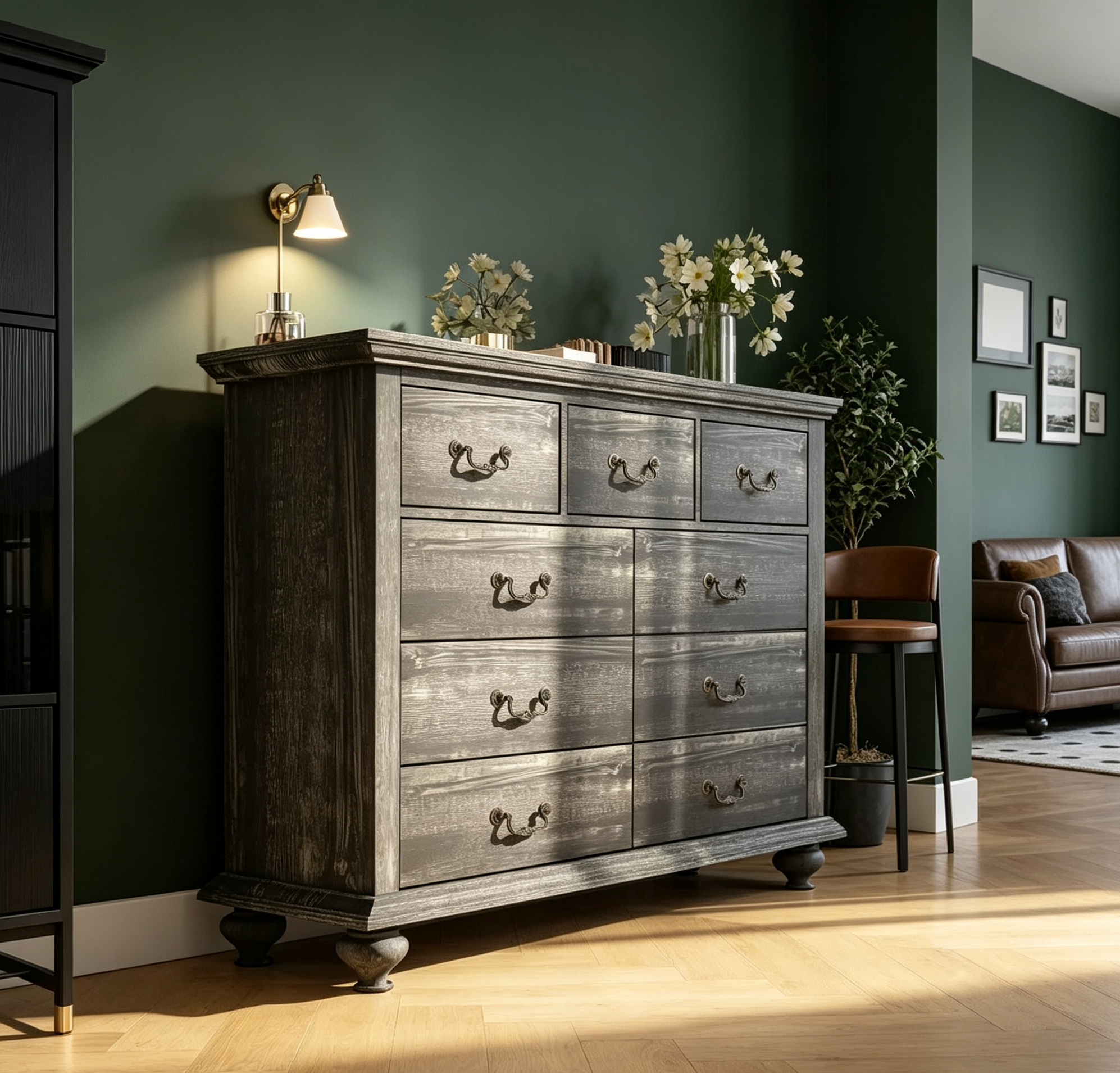 Commode à 9 tiroirs, Meuble de rangement rustique en bois
