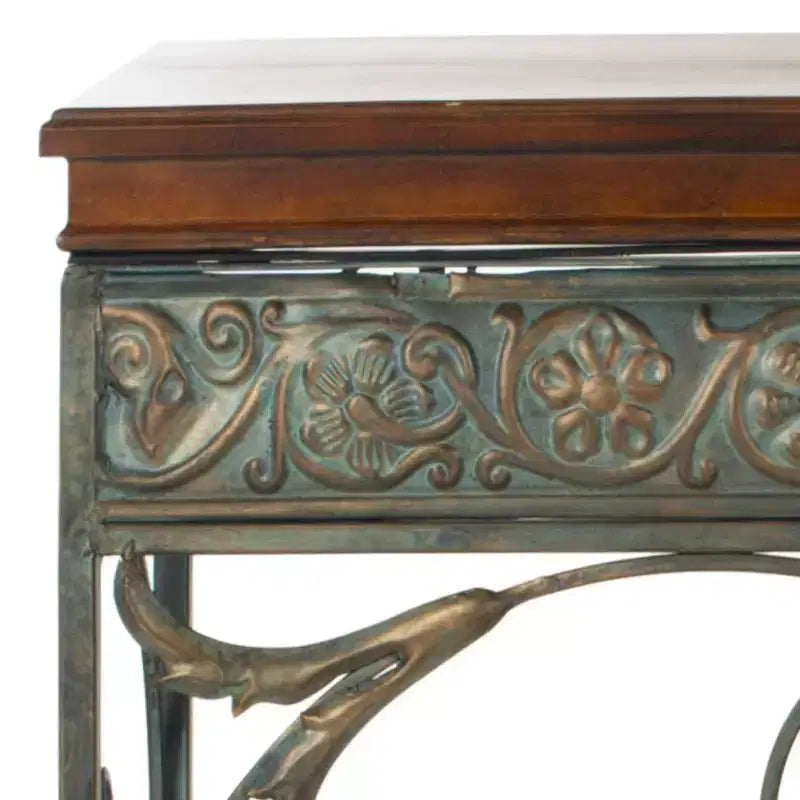 Console traditionnelle avec pieds en épingle à cheveux, cadre en fer bleu et plateau en bouleau