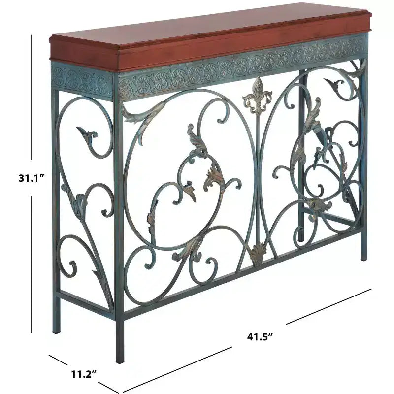Console traditionnelle avec pieds en épingle à cheveux, cadre en fer bleu et plateau en bouleau