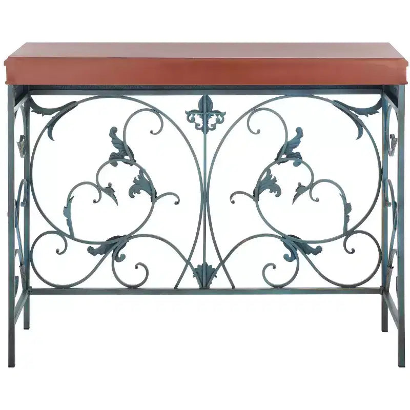 Console traditionnelle avec pieds en épingle à cheveux, cadre en fer bleu et plateau en bouleau