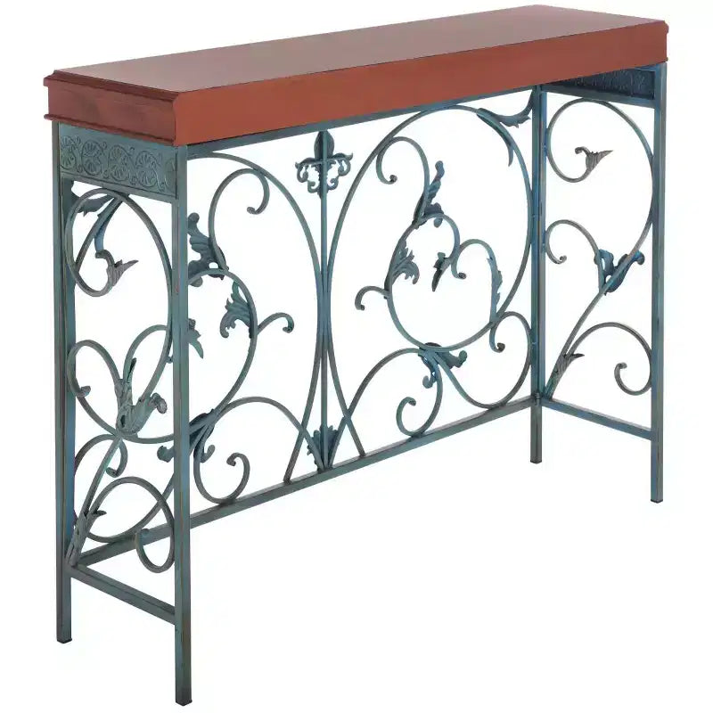 Console traditionnelle avec pieds en épingle à cheveux, cadre en fer bleu et plateau en bouleau
