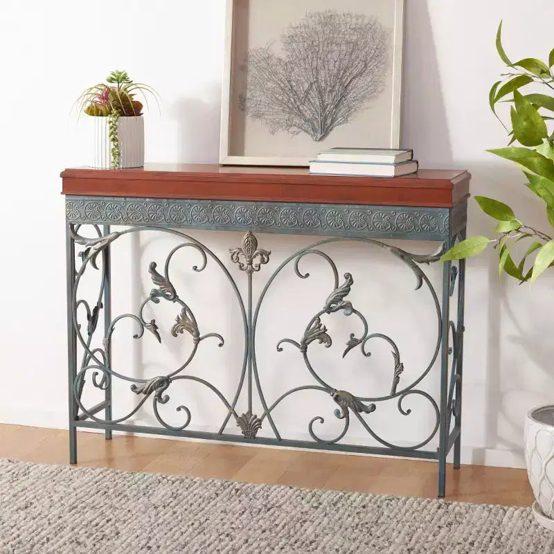 Console traditionnelle avec pieds en épingle à cheveux, cadre en fer bleu et plateau en bouleau