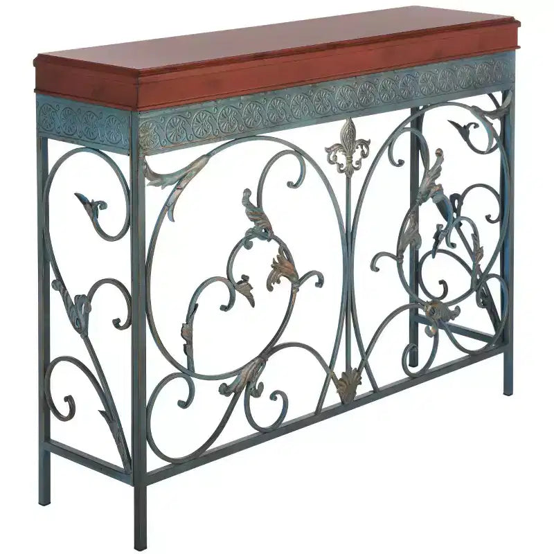 Console traditionnelle avec pieds en épingle à cheveux, cadre en fer bleu et plateau en bouleau