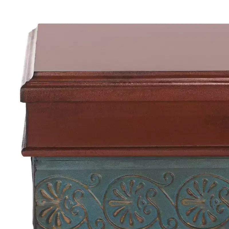 Console traditionnelle avec pieds en épingle à cheveux, cadre en fer bleu et plateau en bouleau