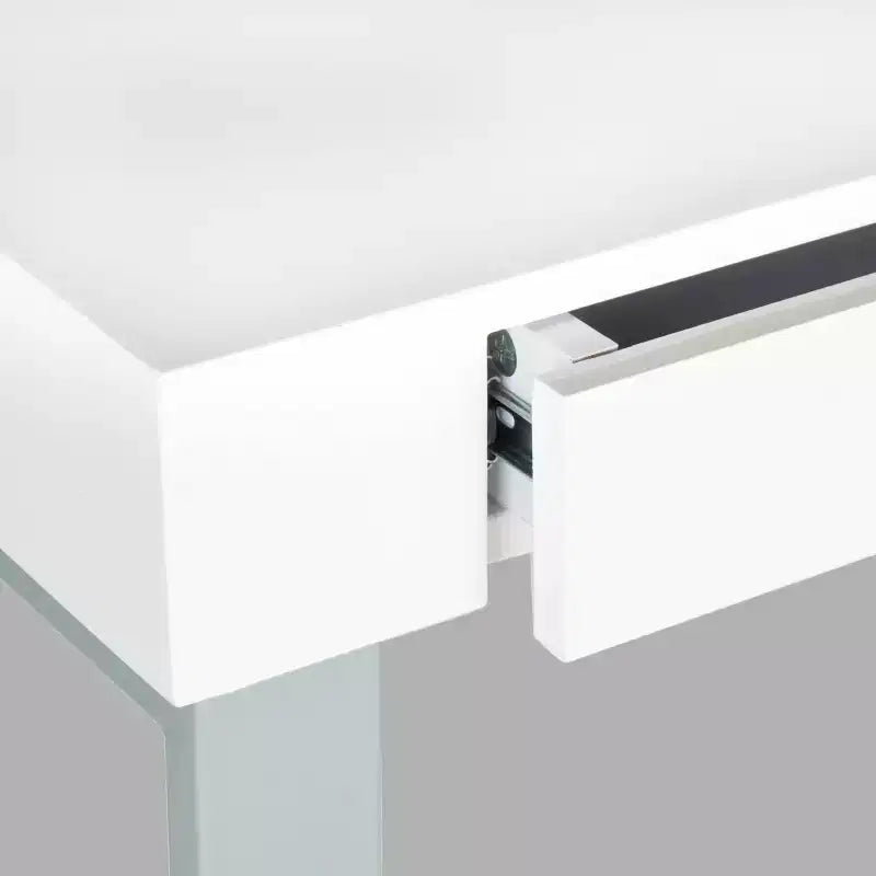 Bureau contemporain avec tiroirs, plateau laqué blanc et piètement en fer gris