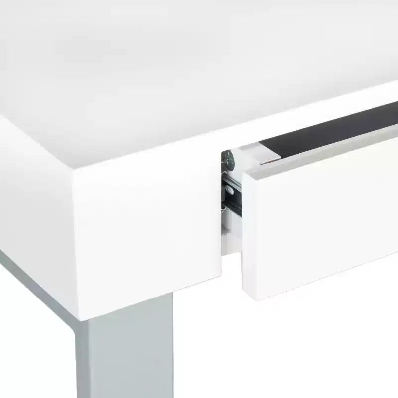 Bureau contemporain avec tiroirs, plateau laqué blanc et piètement en fer gris