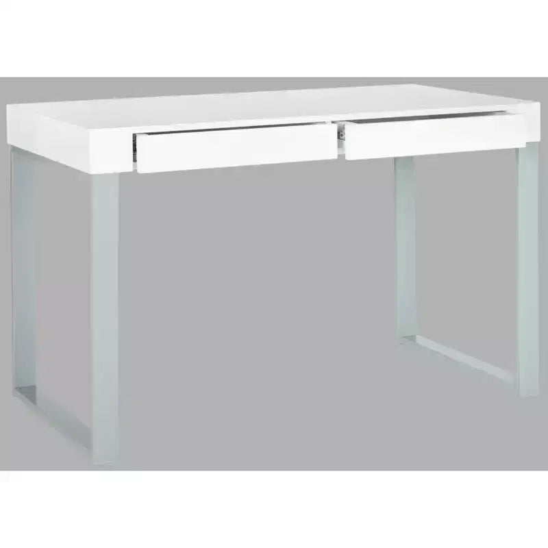 Bureau contemporain avec tiroirs, plateau laqué blanc et piètement en fer gris