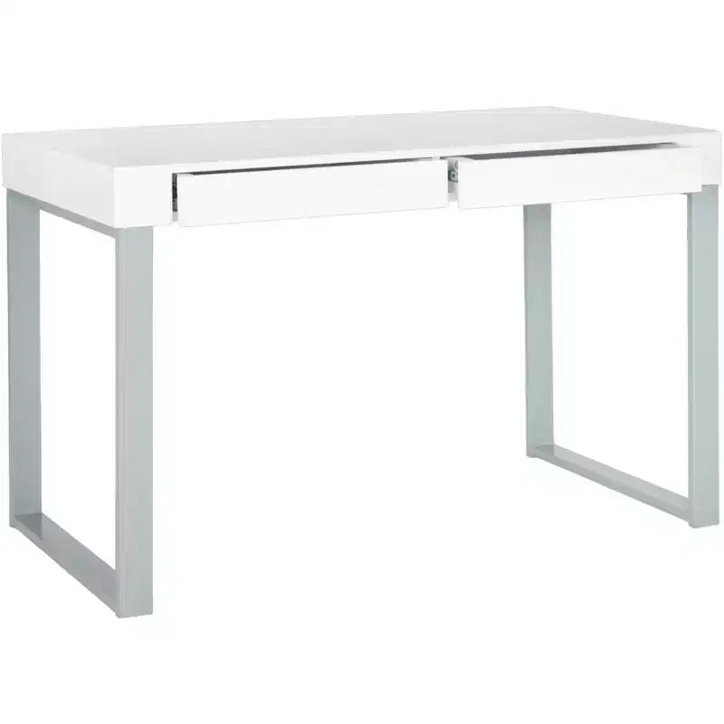 Bureau contemporain avec tiroirs, plateau laqué blanc et piètement en fer gris