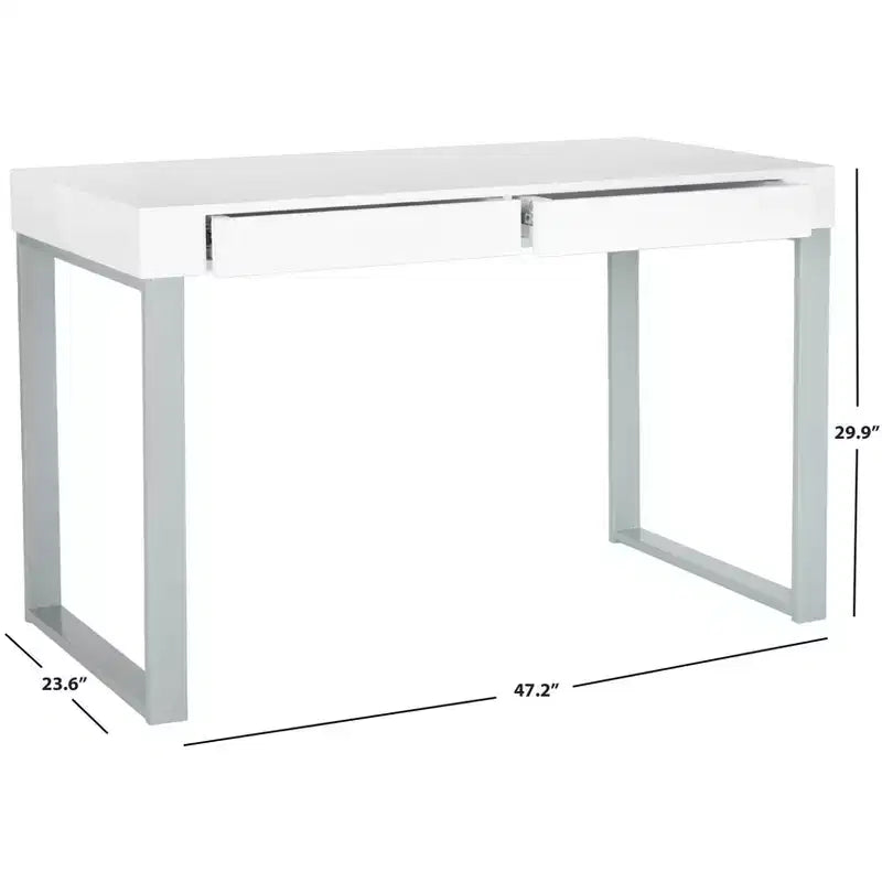 Bureau contemporain avec tiroirs, plateau laqué blanc et piètement en fer gris