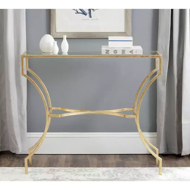 Console Glam avec Piètement en Fer Courbé et Plateau en Verre Trempé, Doré
