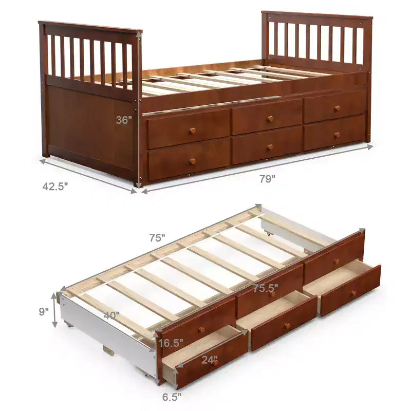 Lit double superposé Captain's Bed avec lit gigogne et tiroirs pour enfants NoyerEspressoBlanc