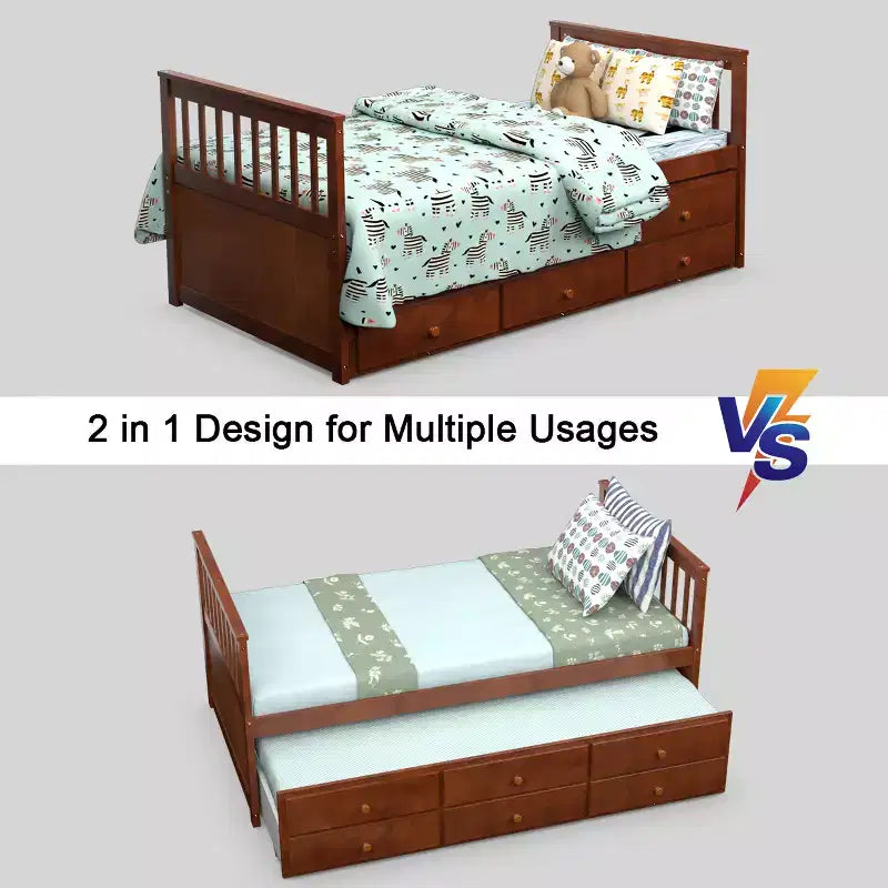Lit double superposé Captain's Bed avec lit gigogne et tiroirs pour enfants NoyerEspressoBlanc