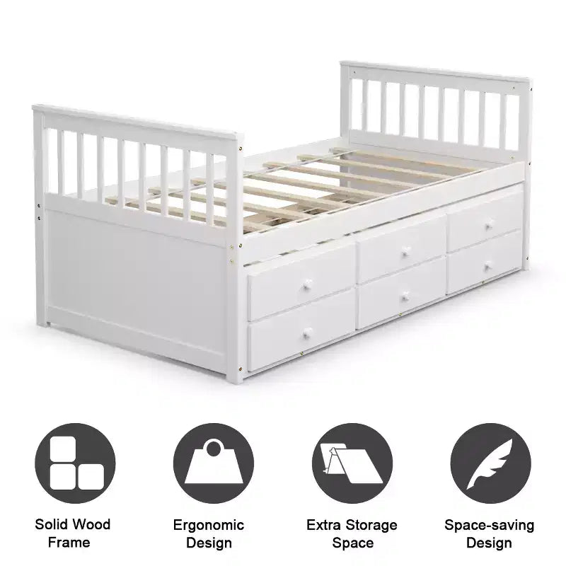 Lit double superposé Captain's Bed avec lit gigogne et tiroirs pour enfants NoyerEspressoBlanc
