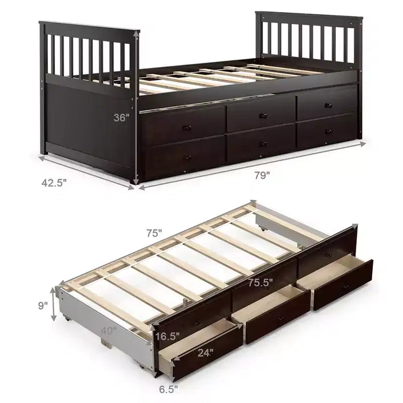 Lit double superposé Captain's Bed avec lit gigogne et tiroirs pour enfants NoyerEspressoBlanc