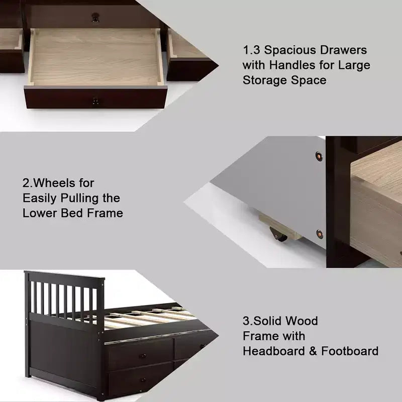 Lit double superposé Captain's Bed avec lit gigogne et tiroirs pour enfants NoyerEspressoBlanc