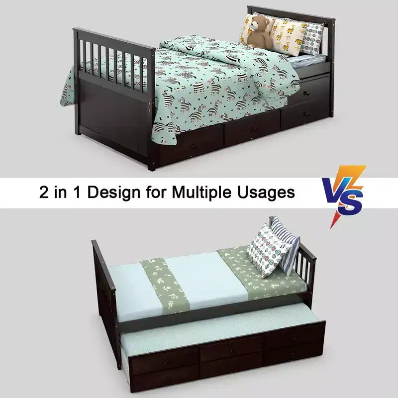 Lit double superposé Captain's Bed avec lit gigogne et tiroirs pour enfants NoyerEspressoBlanc