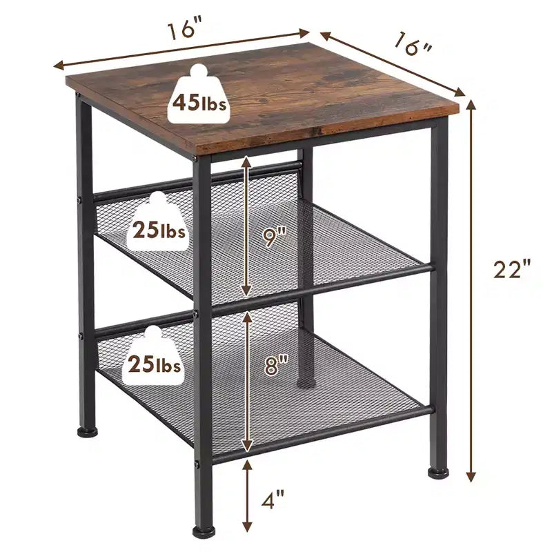 Table de chevet d'appoint industrielle à 3 niveaux avec 2 étagères réglables Marron rustique