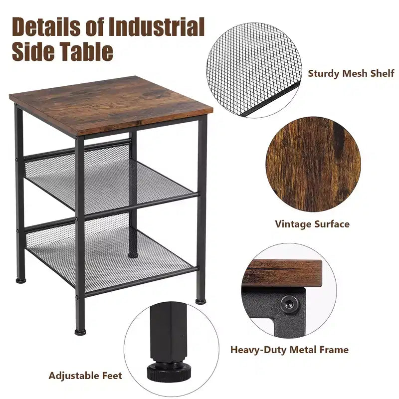 Table de chevet d'appoint industrielle à 3 niveaux avec 2 étagères réglables Marron rustique