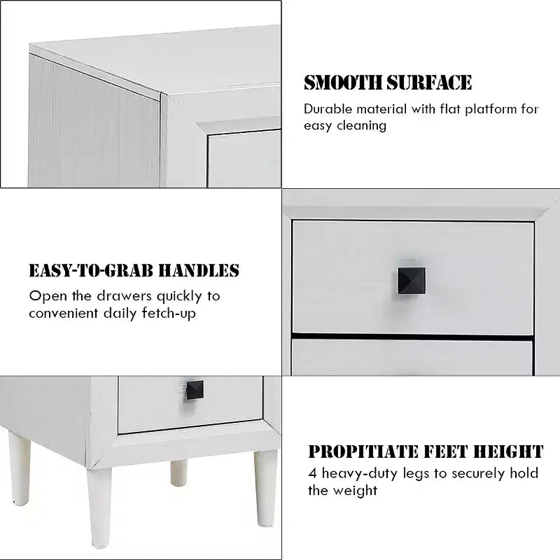 2 tables de chevet avec pieds en bois et tiroirs de rangement blancs