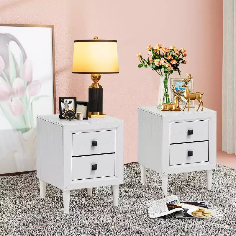 2 tables de chevet avec pieds en bois et tiroirs de rangement blancs