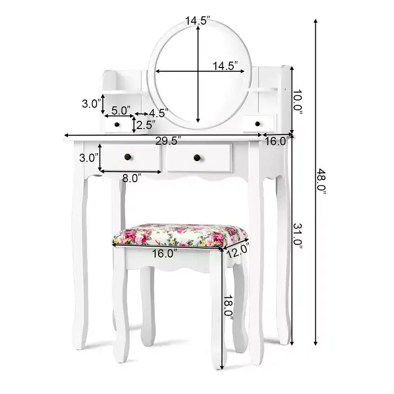Coiffeuse avec tiroirs, miroir ovale et tabouret rembourré