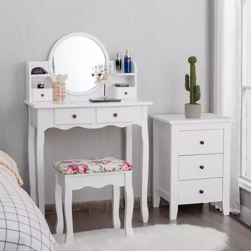 Coiffeuse avec tiroirs, miroir ovale et tabouret rembourré