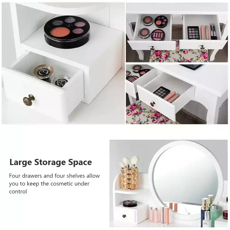 Coiffeuse avec tiroirs, miroir ovale et tabouret rembourré