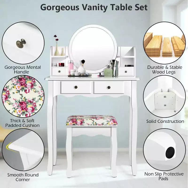 Coiffeuse avec tiroirs, miroir ovale et tabouret rembourré
