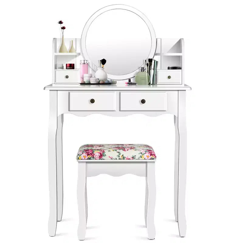 Coiffeuse avec tiroirs, miroir ovale et tabouret rembourré