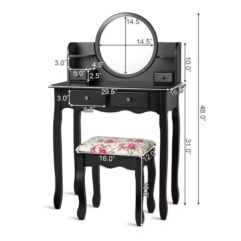 Coiffeuse avec tiroirs, miroir ovale et tabouret rembourré