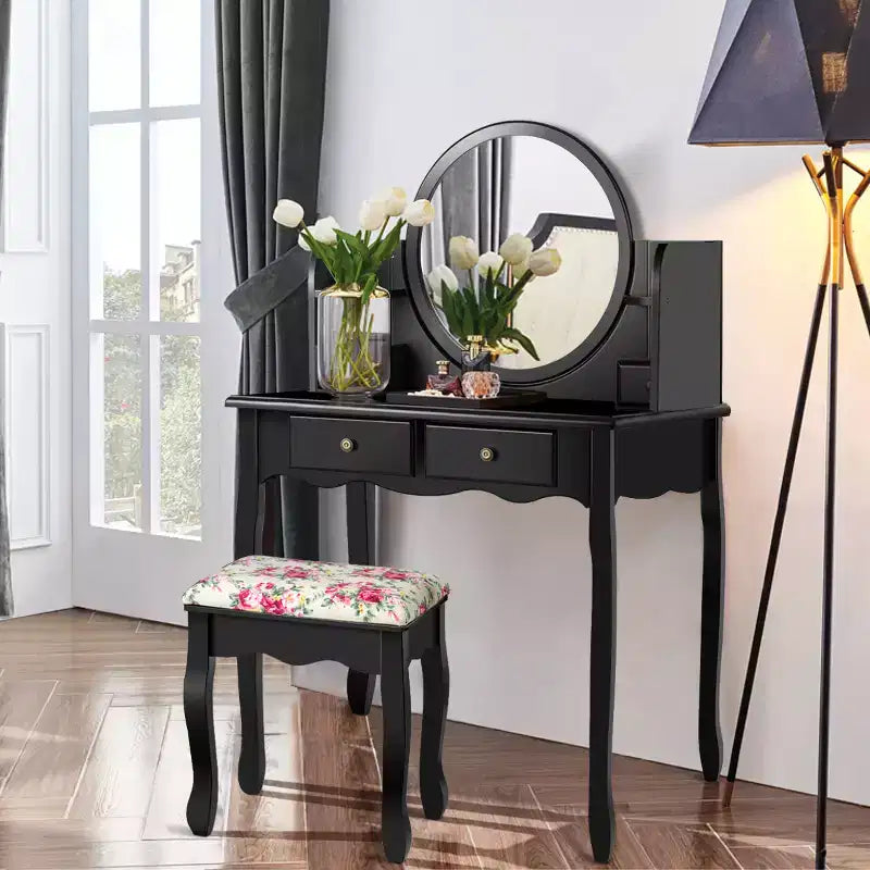 Coiffeuse avec tiroirs, miroir ovale et tabouret rembourré