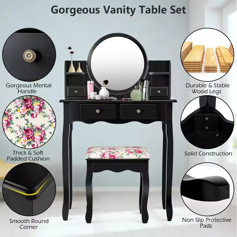 Coiffeuse avec tiroirs, miroir ovale et tabouret rembourré