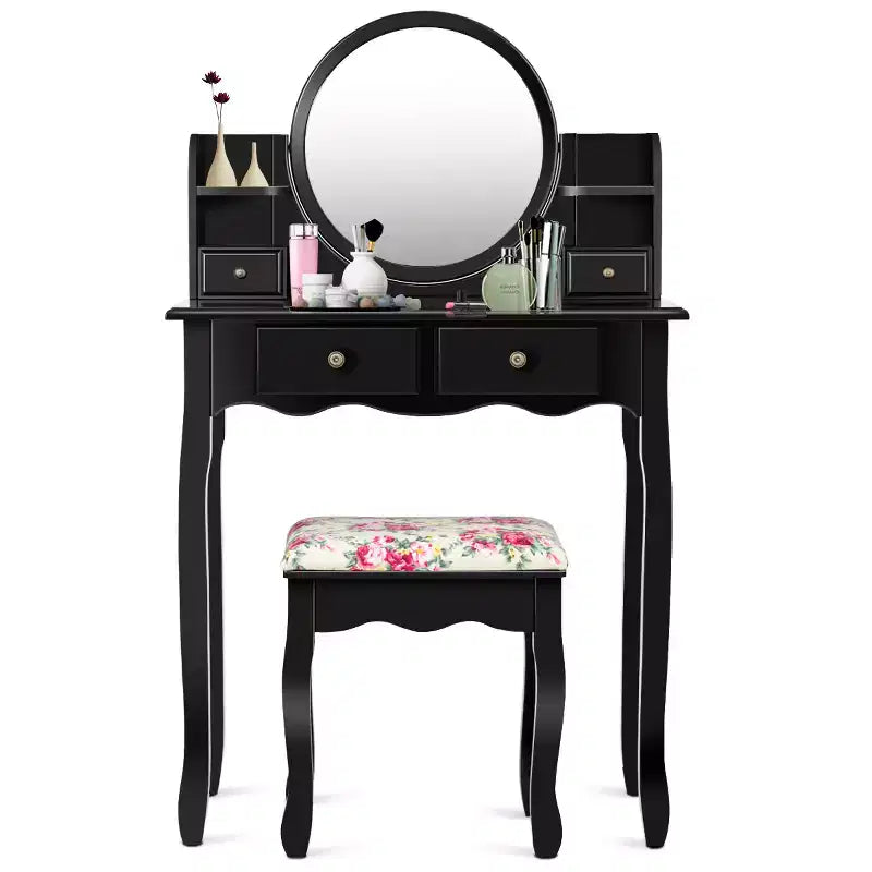 Coiffeuse avec tiroirs, miroir ovale et tabouret rembourré