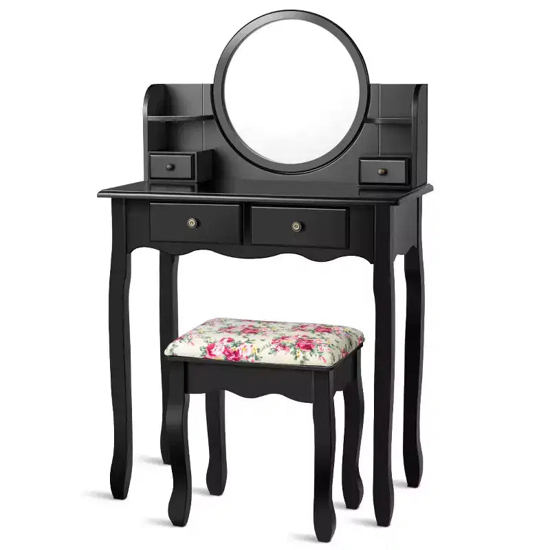 Coiffeuse avec tiroirs, miroir ovale et tabouret rembourré