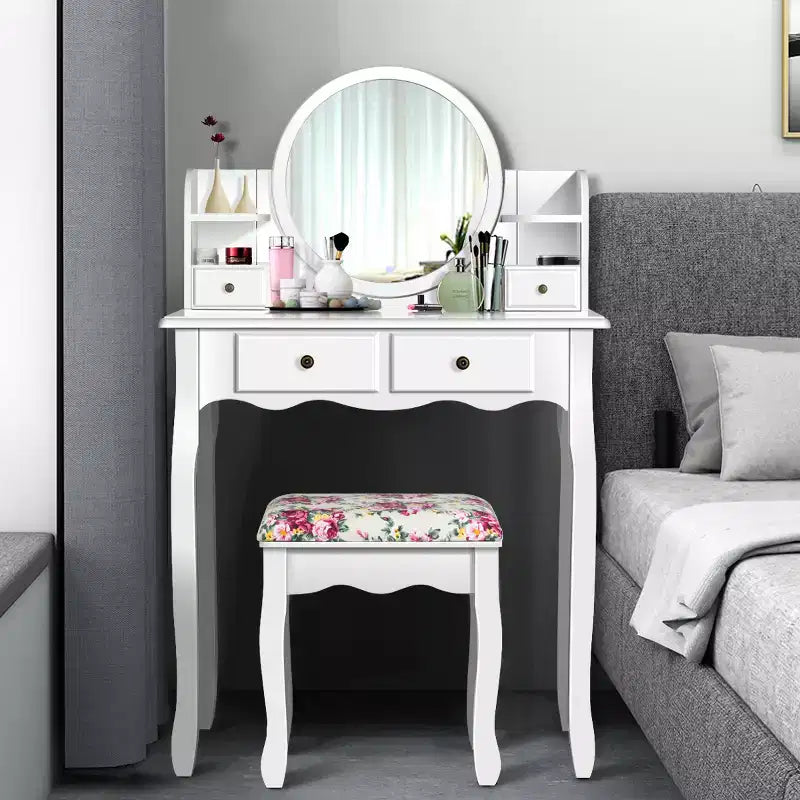 Coiffeuse avec tiroirs, miroir ovale et tabouret rembourré