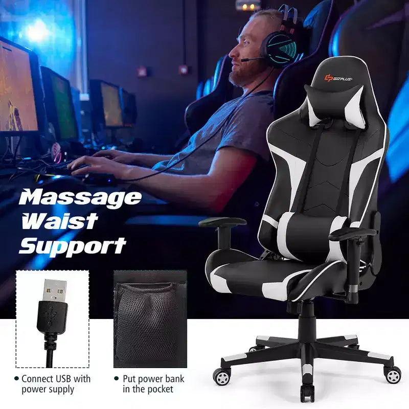 Chaise de bureau de jeu pivotante et inclinable avec massage et support lombaire