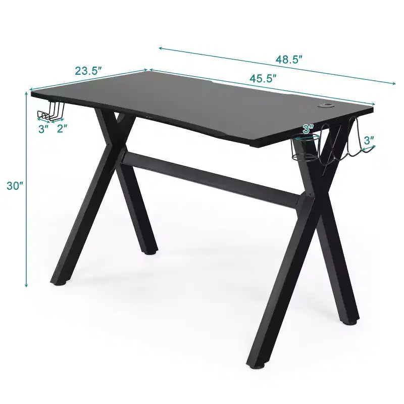Bureau gaming avec porte-gobelet et support pour casque, poste de travail pour gamer