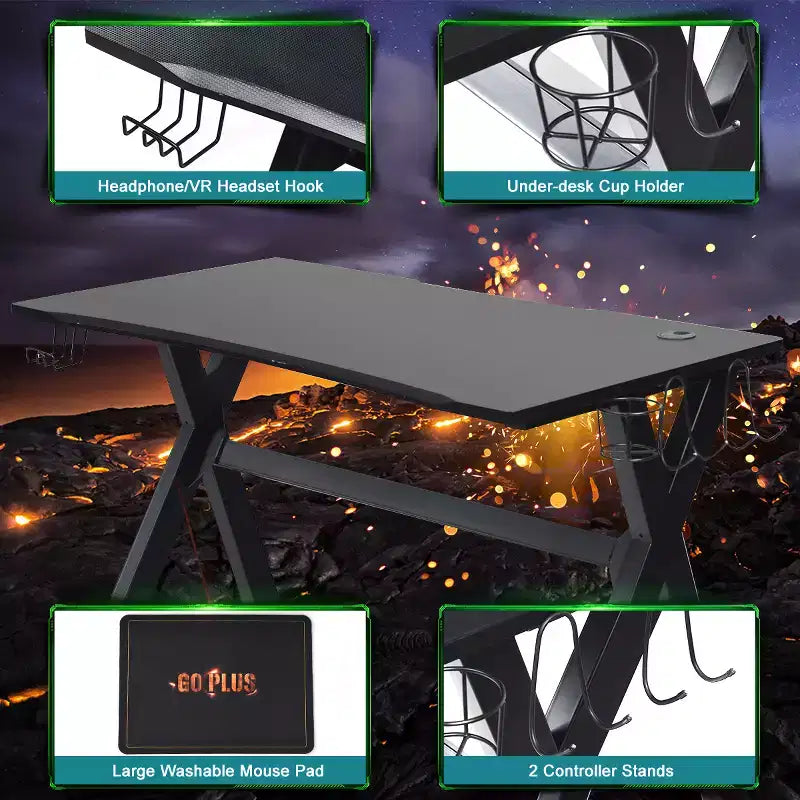 Bureau gaming avec porte-gobelet et support pour casque, poste de travail pour gamer