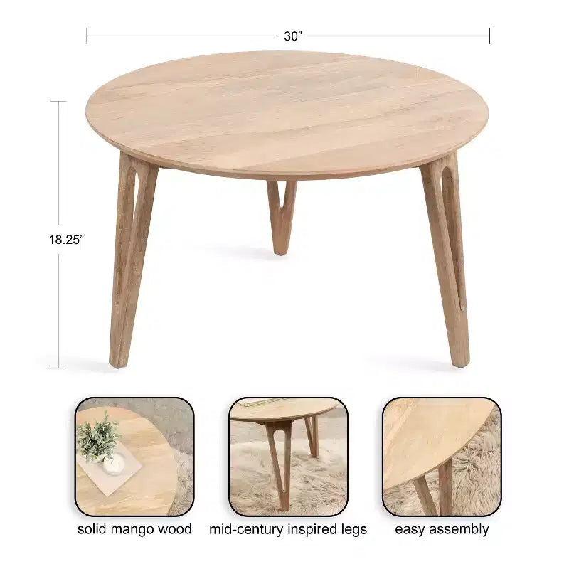 Table basse ronde avec pieds épingle, bois de manguier massif