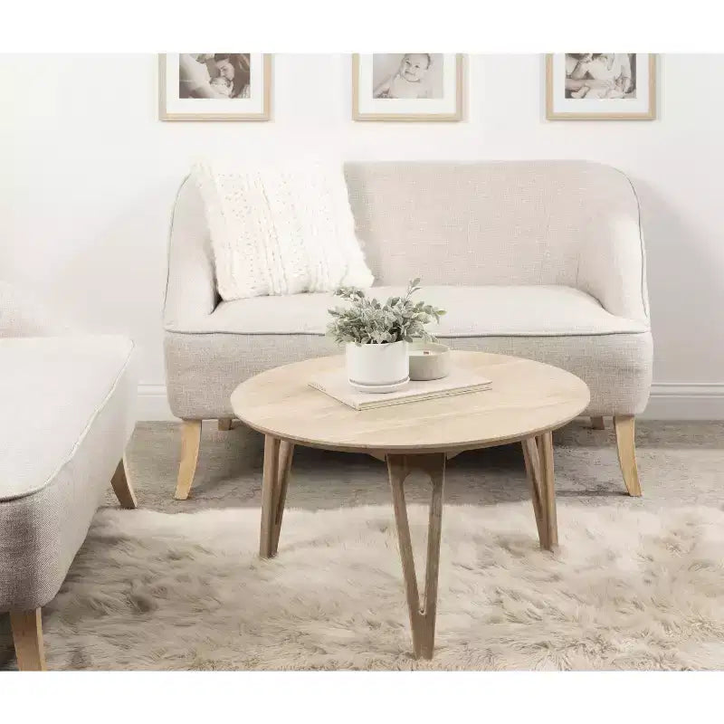 Table basse ronde avec pieds épingle, bois de manguier massif