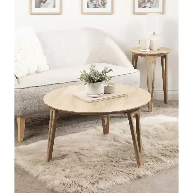Table basse ronde avec pieds épingle, bois de manguier massif