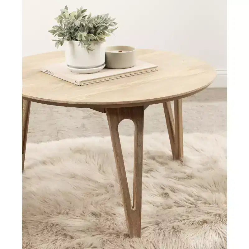 Table basse ronde avec pieds épingle, bois de manguier massif