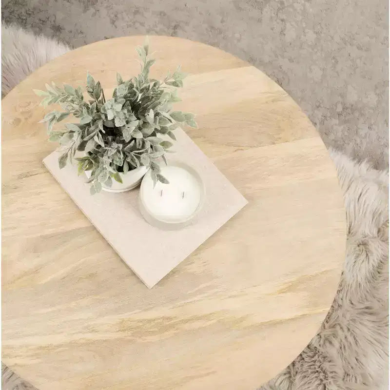 Table basse ronde avec pieds épingle, bois de manguier massif